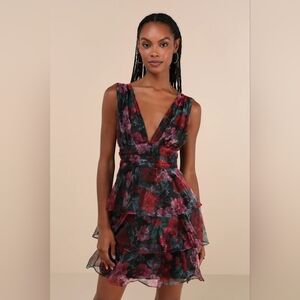 Lulu's Black Floral Tiered Mini Dress with Red & Pink Blooms